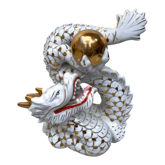 Vintage Yoshimi K Foo Dog Dragon Figurine Gold Red Accents 8" Mythical Orb Ball - Picture 1 of 8